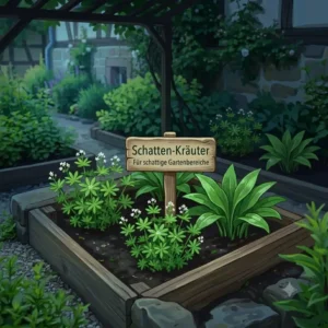 Skizze von schattenliebenden mehrjährige Kräuterpflanzen für Garten wie Waldmeister und Bärlauch unter einem Gartenbaum.