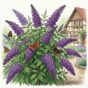 Ein violetter Sommerflieder mit Schmetterlingen, ein perfektes Beispiel für sträucher mit duftenden blüten.