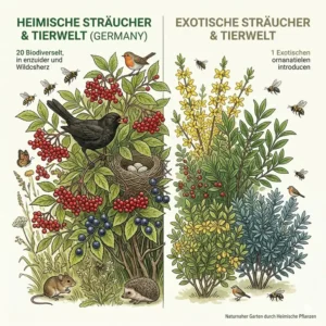 Infografik-Vergleich zwischen exotischen Pflanzen und heimischen Sträuchern für einen naturnahen Garten und deren Nutzen für Tiere.