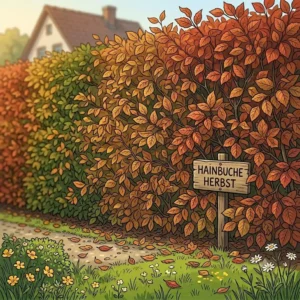 Eine Hainbuchenhecke im Herbst, die als effektive Heckenpflanzen für Windschutz dient.