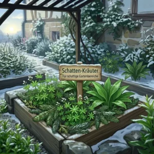 Eine Grafik, die zeigt, wie man mehrjährige Kräuterpflanzen für Garten im Garten mit Reisig vor Frost schützt.