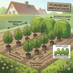 Anleitung zum richtigen Pflanzabstand für blickdichte Heckenpflanzen für Windschutz.