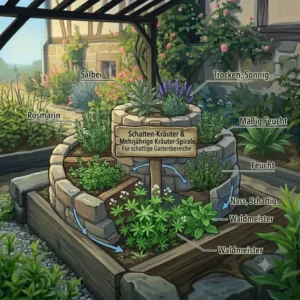 Schema einer Kräuterspirale im Garten mit optimalen Zonen für verschiedene mehrjährige Kräuterpflanzen für Garten.