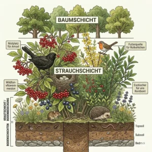 Querschnitt-Illustration der Gartenetagen mit Fokus auf die Strauchschicht im naturnahen Garten.