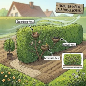 Ökologisch wertvolle Liguster-Heckenpflanzen für Windschutz mit einem Vogelnest im Gebüsch