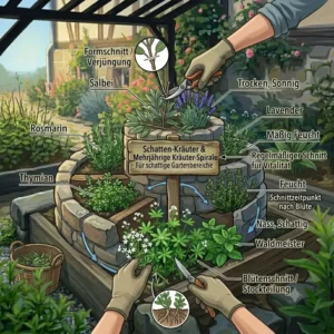 Illustration zum richtigen Zurückschneiden von mehrjährige Kräuterpflanzen für Garten im Frühjahr für besseres Wachstum.