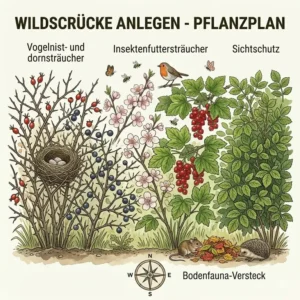 Pflanzplan für eine bunte Wildhecke aus verschiedenen Sträuchern für einen naturnahen Garten als Sichtschutz und Lebensraum.