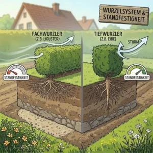 Vergleich der Wurzelsysteme verschiedener Heckenpflanzen für Windschutz zur Verbesserung der Standfestigkeit.
