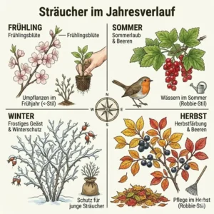 Illustration verschiedener Sträucher für den naturnahen Garten im Wandel der vier Jahreszeiten von der Blüte bis zum Winterschutz.