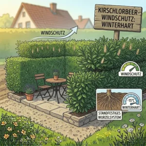 Winterharter Kirschlorbeer als Sichtschutz und Heckenpflanzen für Windschutz auf der Terrasse.