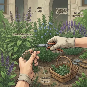 Illustration, die das schonende Ernten von Trieben bei mehrjährige Kräuterpflanzen für Garten im Garten zeigt.