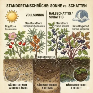 Übersichtsgrafik zu den Standortansprüchen von Sträuchern für einen naturnahen Garten in Sonne und Schatten.