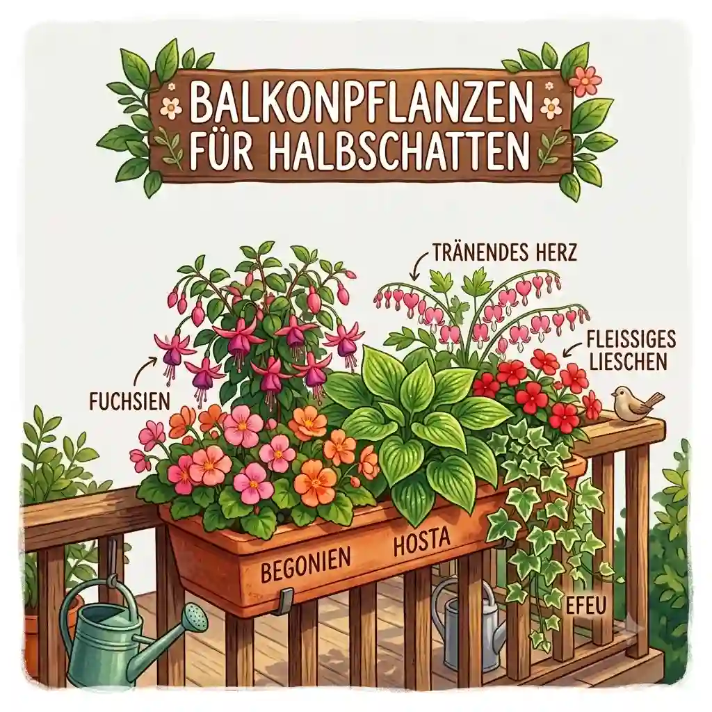 A vibrant overview illustration of various balkonpflanzen für halbschatten (balcony plants for partial shade) arrangement on a city balcony.