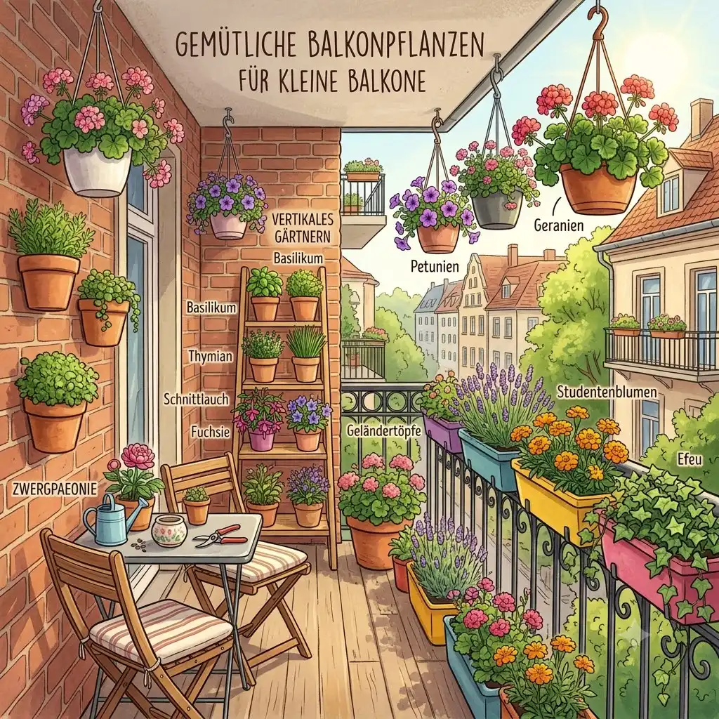 A beautifully decorated featured image showing various balkonpflanzen für kleine balkone in hanging pots and vertical planters on a cozy balcony.