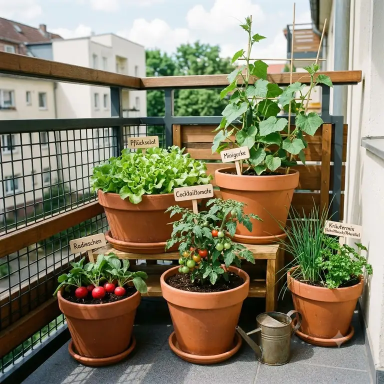 Featured Image: Eine Auswahl schöner gemüsepflanzen für anfänger im topf auf einem sonnigen Balkon.