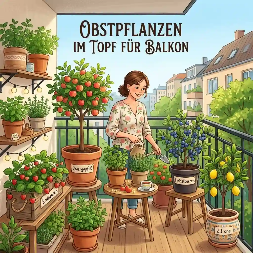Featured image depicting various 'obstpflanzen im topf für balkon', including strawberries and dwarf apple trees, on a cozy balcony