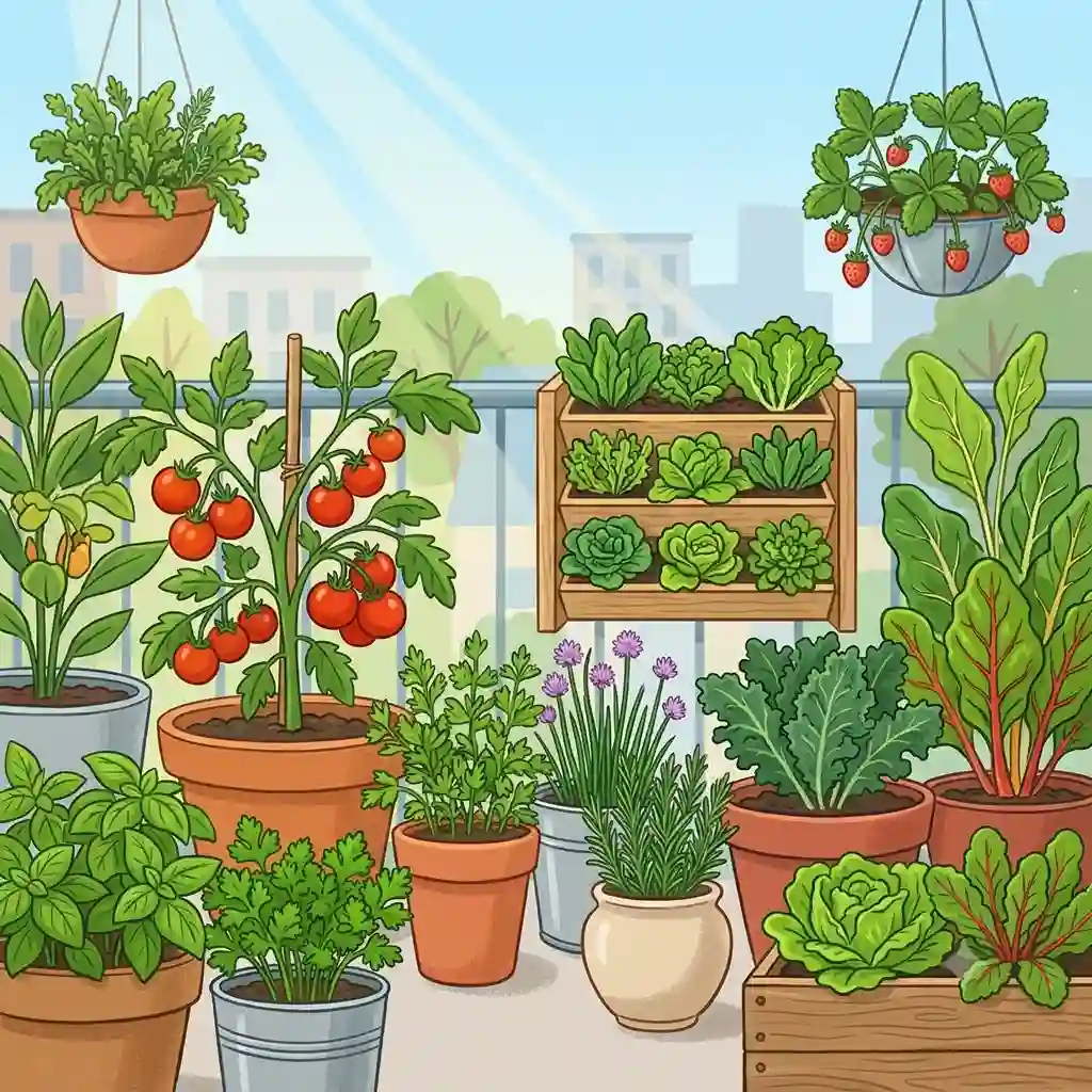 A vibrant balcony setup featuring various essbare pflanzen für urban gardening in pots.