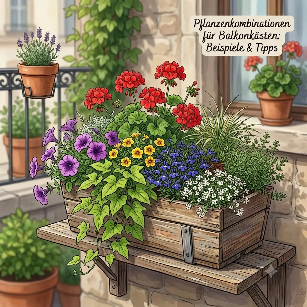A beautiful featured image showing various pflanzenkombinationen für balkonkästen on a sunny balcony.