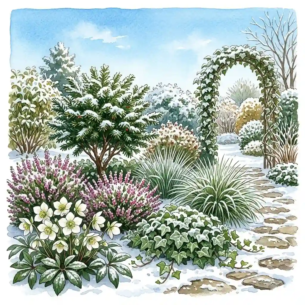 A beautiful winter garden landscape featuring various frostfeste pflanzen für garten covered in light snow.