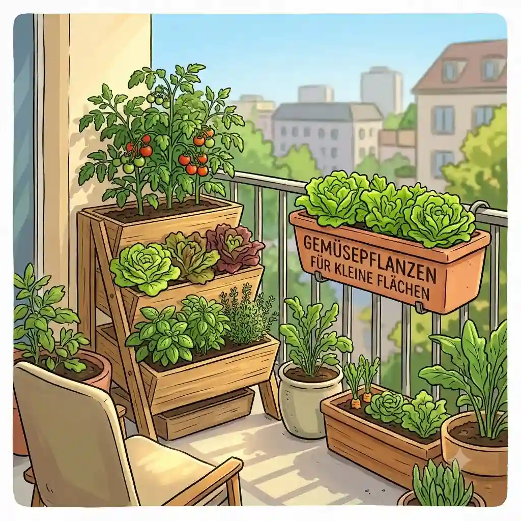 Ein üppiger Minigarten auf einem kleinen Balkon mit verschiedenen gemüsepflanzen für kleine flächen in Töpfen und Hochbeeten.