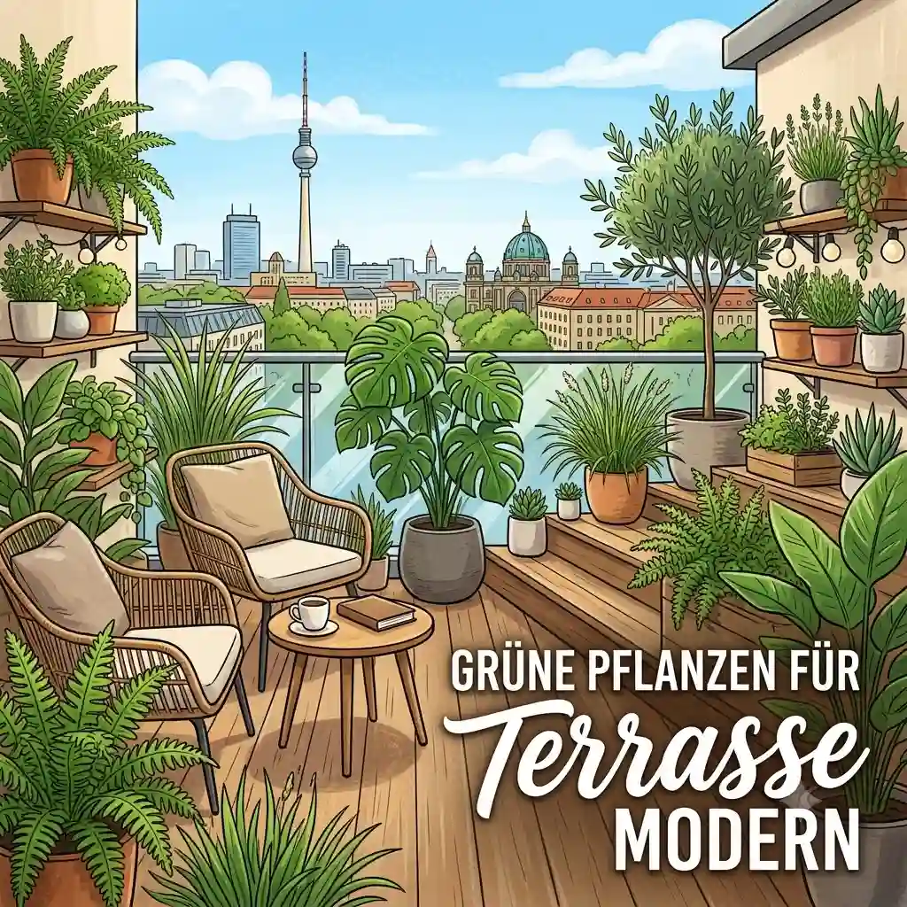 Modern terrace with many green plants in minimalist pots. grüne pflanzen für terrasse modern