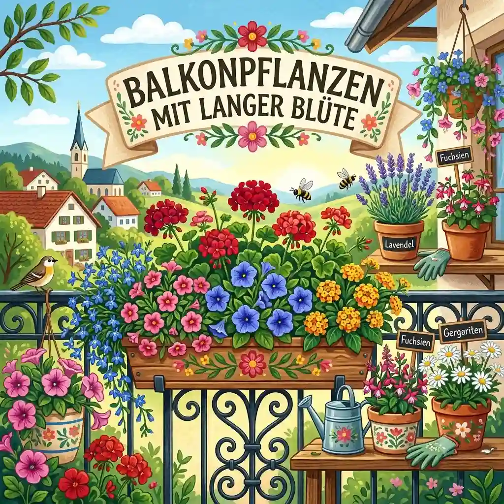 A sunny view of a flourishing balcony railing filled with a colorful variety of long-blooming balcony plants like geraniums and petunias.balkonpflanzen mit langer blüte