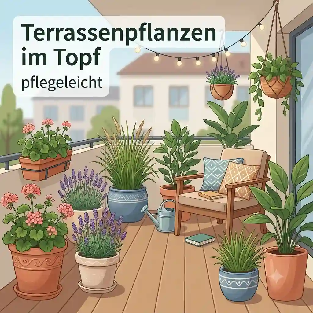 A beautiful balcony display featuring terrassenpflanzen im topf pflegeleicht in modern pots.