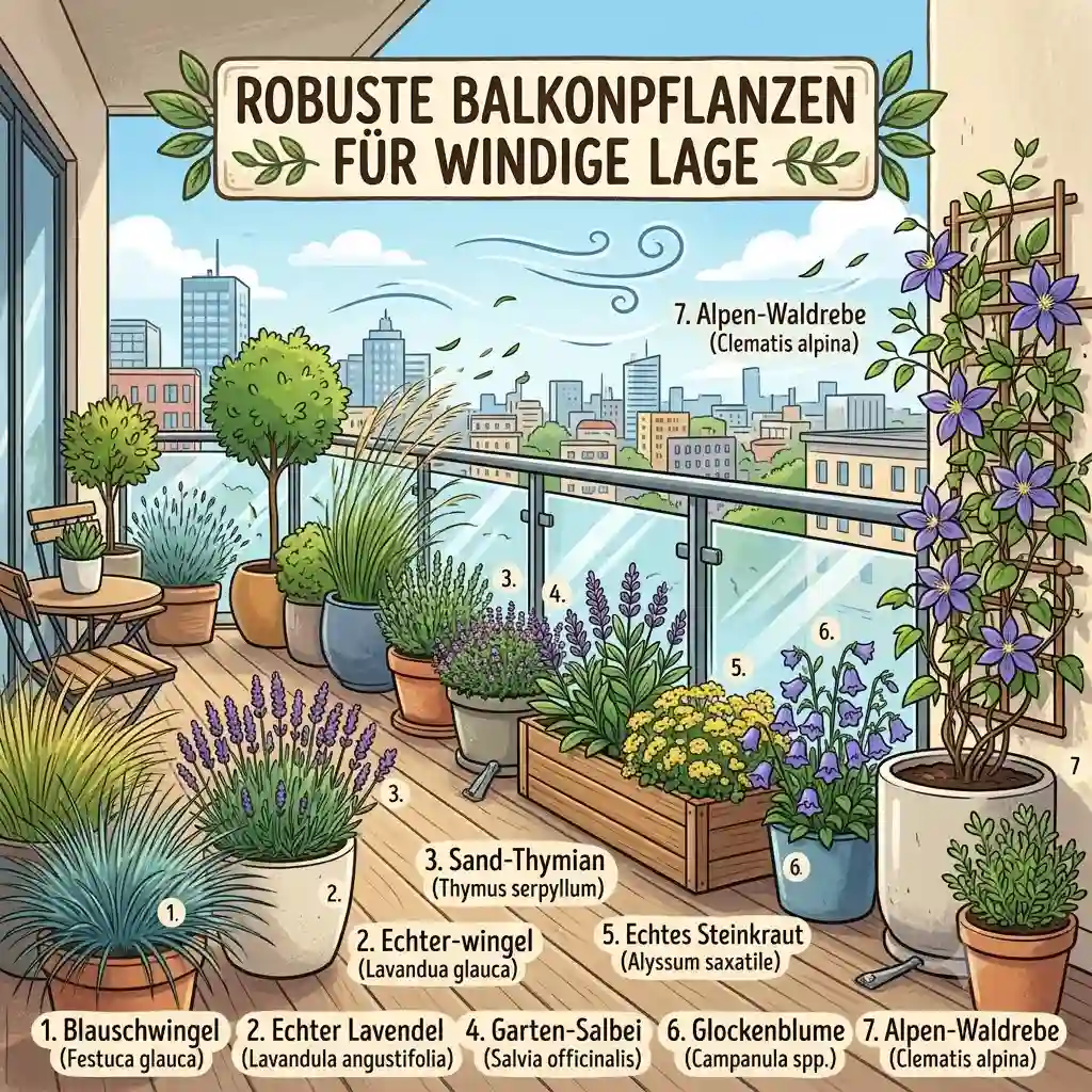 A modern balcony featuring a selection of robust balkonpflanzen für windige lage.
