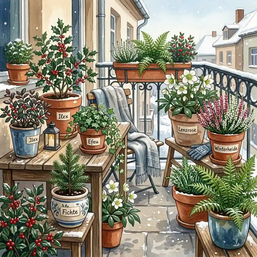 Overview of arrangement of winterharte pflanzen für nordbalkon in decorative pots on a balcony in winter.