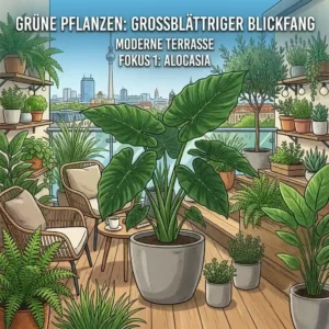 Monstera plant on modern wooden terrace with glass railing.