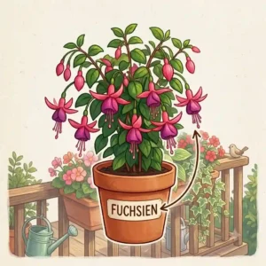 Illustration focusing on red and purple Fuchsien, an ideal choice for balkonpflanzen für halbschatten (balcony plants for partial shade).