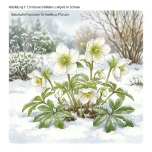 Close-up of white Christroses blooming in a snowy garden bed as examples of frostfeste pflanzen für garten.