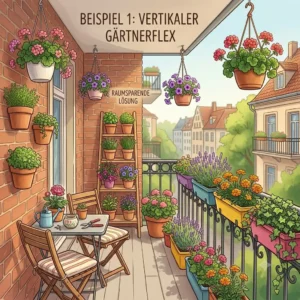 A visual guide to vertical gardening with specific balkonpflanzen für kleine balkone labels for a narrow outdoor space.