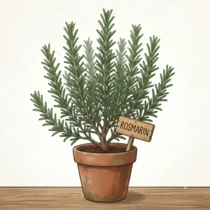 A robust rosemary plant (Kräuterpflanzen winterhart) growing in a terracotta pot