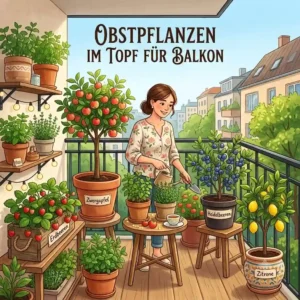 Illustration showing a well-arranged selection of different 'obstpflanzen im topf für balkon' to maximize space and aesthetics