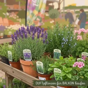 Blooming lavender and rosemary in pots as mediterranean duftpflanzen für balkon kaufen for a sunny spot.