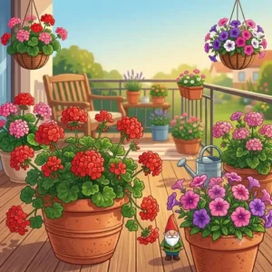 Prachtvolle rote Geranien und Petunien als sonnenliebende Sommerpflanzen für die Terrasse in großen Tontöpfen.