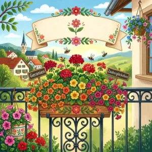 A close-up of a rustic wooden planter box overflowing with classic red geraniums and small-flowered calibrachoa, both excellent long-blooming balcony plants.