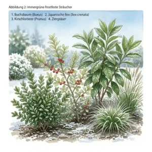 An evergreen hedge providing structure in winter, showcasing reliable frostfeste pflanzen für garten.