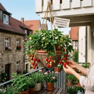 Illustration highlighting cascading strawberry plants, a great choice for 'obstpflanzen im topf für balkon' due to their compact growth