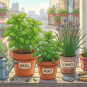 A collection of aromatic herbs categorized as essbare pflanzen für urban gardening.