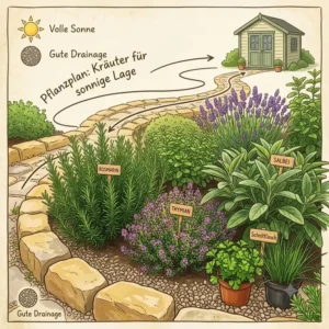 Detaillierter Pflanzplan und Layout für Kräuterpflanzen für sonnige Lage im Gartenbeet