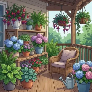 Schattige Terrasse im Sommer dekoriert mit blühenden Fuchsien und Hortensien, ideal als Sommerpflanzen für Terrasse ohne direkte Sonne.