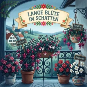 Lush fuchsias and begonias hang gracefully in baskets on a shaded balcony, showcasing shade-tolerant long-blooming balcony plants.