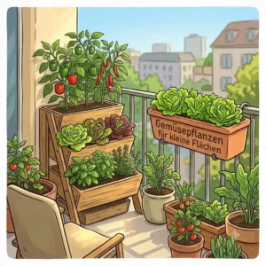 Illustration von kompakten Tomaten- und Paprikapflanzen, die sich ideal als gemüsepflanzen für kleine flächen eignen.
