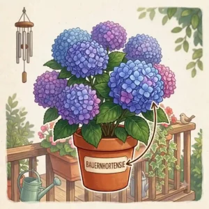 Detailed illustration of large blue Bauernhortensie (Hydrangea) for use as balkonpflanzen für halbschatten (balcony plants for partial shade).