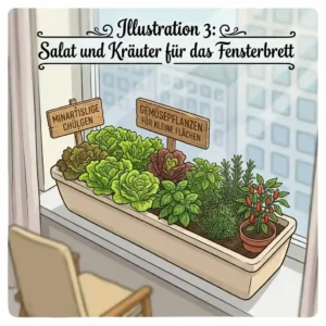 Ein Blumenkasten auf der Fensterbank bepflanzt mit Pflücksalat und frischen Kräutern als gemüsepflanzen für kleine flächen.