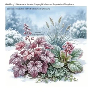 Frost-covered leaves of Purpurglöckchen (Heuchera) highlight the colors of these frostfeste pflanzen für garten.