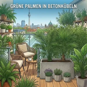Green palms in concrete planters on modern terrace.