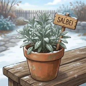 Sage plant (Kräuterpflanzen winterhart) with silvery leaves and light snow cover